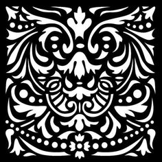 a black and white pattern with an animal's head in the center, on a black background