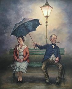 a painting of an elderly couple sitting on a bench under an umbrella in the rain