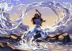 a woman is dancing in the water with her arms out and hair blowing up into the wind