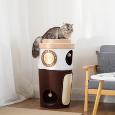 a cat is sitting on top of a coffee cup shaped scratching tower in the living room