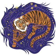 a tiger is laying down on the ground surrounded by stars and swirly purple hair