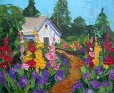 an oil painting of flowers and a house in the distance with trees on either side