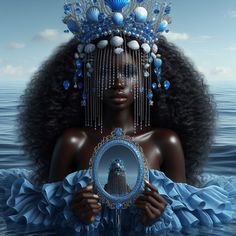 a woman holding a mirror in the water