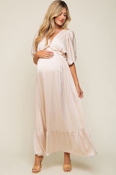 Beige Striped Ruffle Accent Maternity Maxi Dress– PinkBlush Cream Baby Shower Dress, Baby Shower Dress Ideas For Mom, Gender Reveal Dresses For Mom, Modest Maternity Outfits, Classy Maternity Outfits, Flowy Maternity Dress, Maternity Dress Wedding Guest, Maternity Picture Outfits, Dress Pregnant