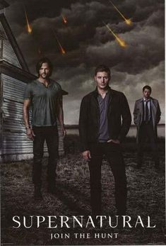 supernatural movie poster with two men standing in front of a house