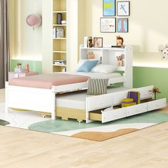 a child's bedroom with a bed and bookcase