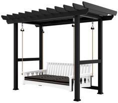 a white bench sitting under a black pergolan roof with two swings attached to it