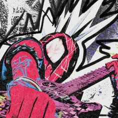 an abstract painting of a pink flamingo sitting on top of a purple chair in front of a graffiti covered wall