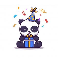 a panda bear with a birthday hat holding a gift
