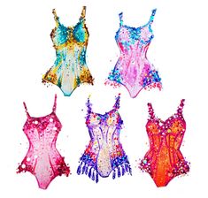 four different colored bodysuits with sequins on them