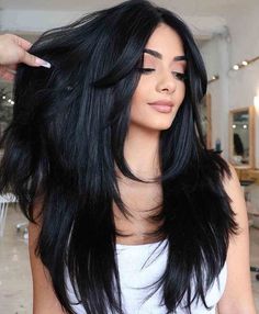 Layered Hairstyles, Long Haircuts, Rambut Brunette, Straight Layered Hair, Black Hair Dye, Jet Black Hair, Black Hair Color