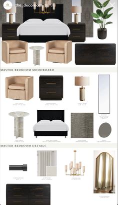 the interior design board for a bedroom with furniture and accessories in neutral colors, including white walls