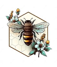 Tela, Bumble Bee Honeycomb Tattoo, Bees Reference, Bridgerton Tattoo Ideas, Bee With Flowers Tattoo, Beehive Tattoo, Bee Drawings, Bee And Flower Tattoo, Honey Bee Drawing