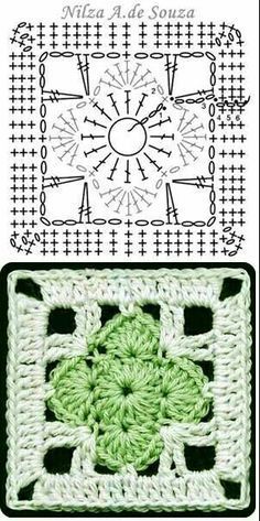 two crocheted squares are shown with the same pattern