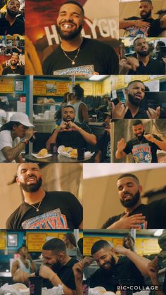 several different pictures of the same man smiling and talking to each other in front of a tv screen