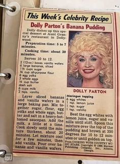 an old recipe book with dolly parton's banana pudding