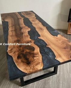 a table made out of wood and metal legs with the words mark comfort furniture on it
