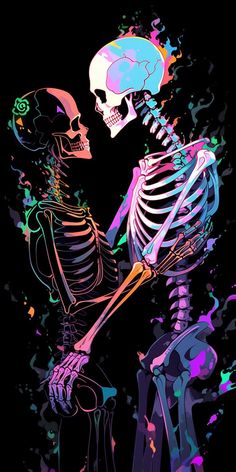 two skeletons hugging each other in the dark