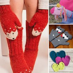 there are many knitted socks and mittens with animals on them, one is red the other is blue