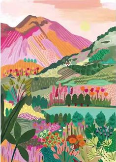 a painting of mountains and flowers in the foreground