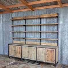 an old wooden bookcase with metal and wood shelves