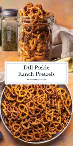 a bowl full of pickle ranch pretzels next to a jar of seasoning