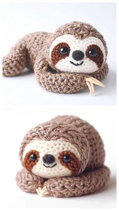 crocheted slotty stuffed animal is shown in three different positions, including the head and neck