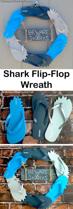 the shark flip flop wreath is made out of construction paper