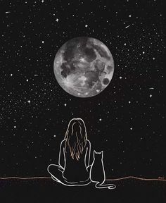 a woman sitting on the ground with her cat in front of a full moon and stars