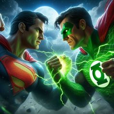 two superheros facing each other in front of a full moon and lightning background with the letter c on their chest