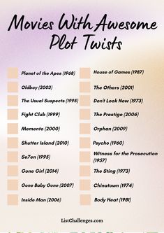 the movies with awesome plot twists list is shown in pink and green tones, including an orange background