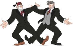 two men dressed in suits and ties are dancing with their hands out to each other