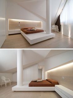 two pictures of a bedroom with white walls and wood flooring, one showing the bed in