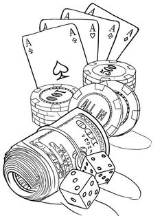 playing cards and poker chips are on the table coloring pages for kids to print out