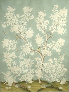 a tree with white leaves and birds on it in front of a blue wallpaper