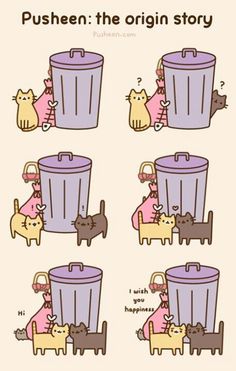 cartoon cats in front of trash cans with the caption pushen the origin story