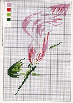 a cross stitch pattern with pink flowers and green leaves on the bottom half of it