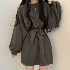 Fall New Mini Dress Women Korean Chic Round Neck Pullover Dresses Loose Lace Up Waist Small Lantern Sleeve Vestido De Mujer Pullover Dresses, Waist Small, Womens Knit Dresses, Korean Casual Outfits, Korean Dress, 여자 패션, Lantern Sleeve, One Piece Dress, Casual Style Outfits