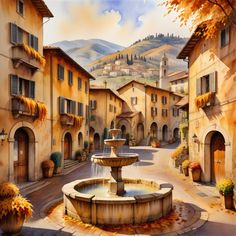 a painting of a fountain in the middle of an alley way with buildings and mountains in the background