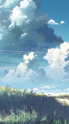 an anime scene with clouds in the sky and grass on the ground, as well as a person holding a cell phone