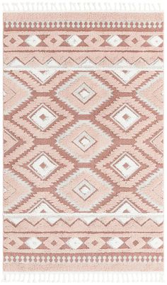 a pink and white rug with diamonds on it