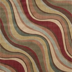 an area rug with wavy design on the side and red, beige, green, brown and