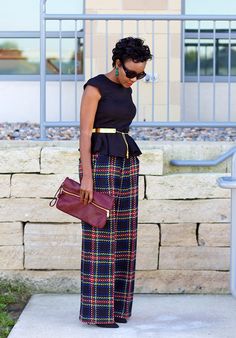 Peplum Top Wide Leg Pants, Burgundy Handbag, Plaid Pants Outfit, Wide Leg Pants Outfit, Burgundy Outfit, Black Tartan, Tartan Fashion, Gold Belt, So Me