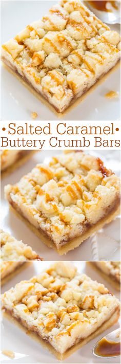 salted caramel buttery crumb bars on a white plate with text overlay