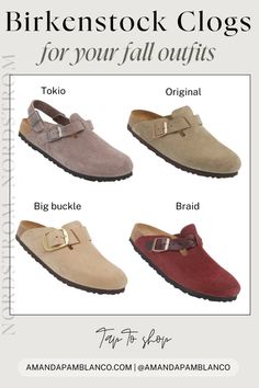 Here are four Birkenstock clog styles for your fall outfits! All clogs come in various colors. Which style is your favorite? Mine is the braid and bog buckle!