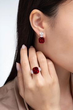 For Sale on 1stDibs - Vihari Jewels created this gorgeous pair of 18.03 carat cushion cut No Heat Burmese Spinel Earrings. The earrings possess the most vibrant red hue and New Earrings Designs, Ruby Ring Designs, Red Diamond Ring, Spinel Earrings, Red Ruby Earrings, Spinel Jewelry, Engagement Ring Design, Emerald Diamond Earrings, Diamond Ear Cuff