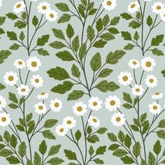 a pattern with white flowers and green leaves on a light blue background, suitable for wallpaper or fabric