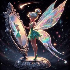 a painting of a fairy looking at herself in the mirror