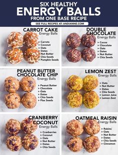 six healthy energy balls are shown in this poster