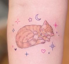 a cat is sleeping on its back with stars and hearts around it, while the moon has been drawn